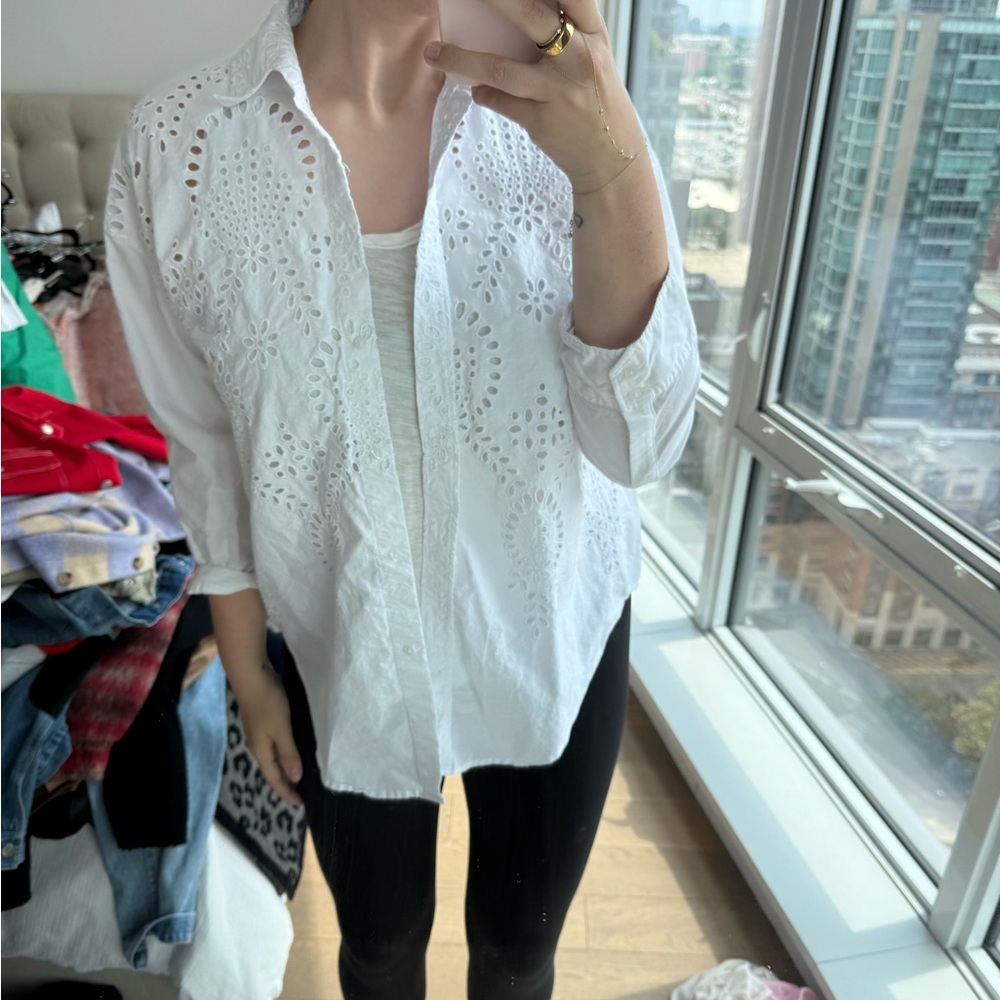Zara White Eyelet Button-Down Shirt